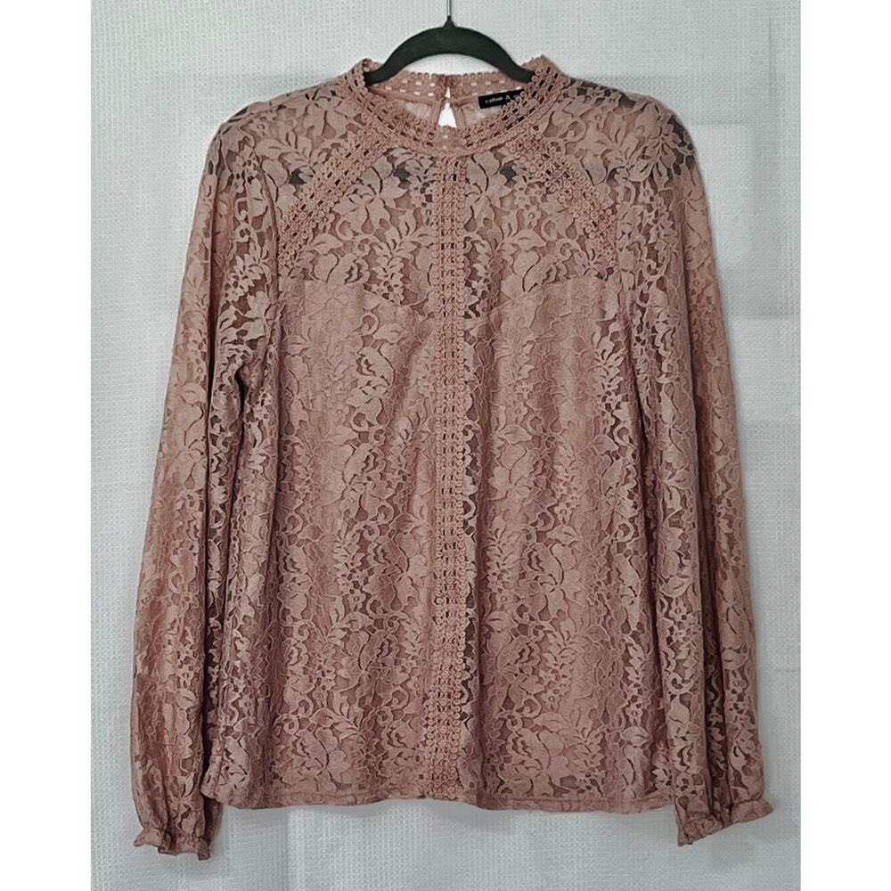 Pink Floral Lace Blouse Mock Neck Long Sleeve Victorian Boho Coquette Sz L - Picture 2 of 11